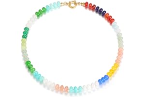 QITIAN Beaded Gemstone Necklace for Women, Colorful Boho Bead Choker Necklace Natural Stone Freshwater Pearl Surfer Beach Necklace 14K Gold Plated Summer Handmade Jewelry Gifts