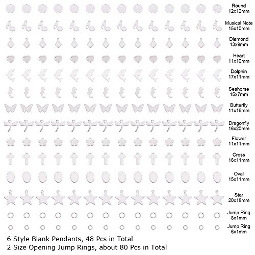 BENECREAT 144PCS Stainless Steel Blank Stamping Tag Mixed Shape Charm Pendants and 80PCS Jump Rings for Bracelet Necklace Earring Making