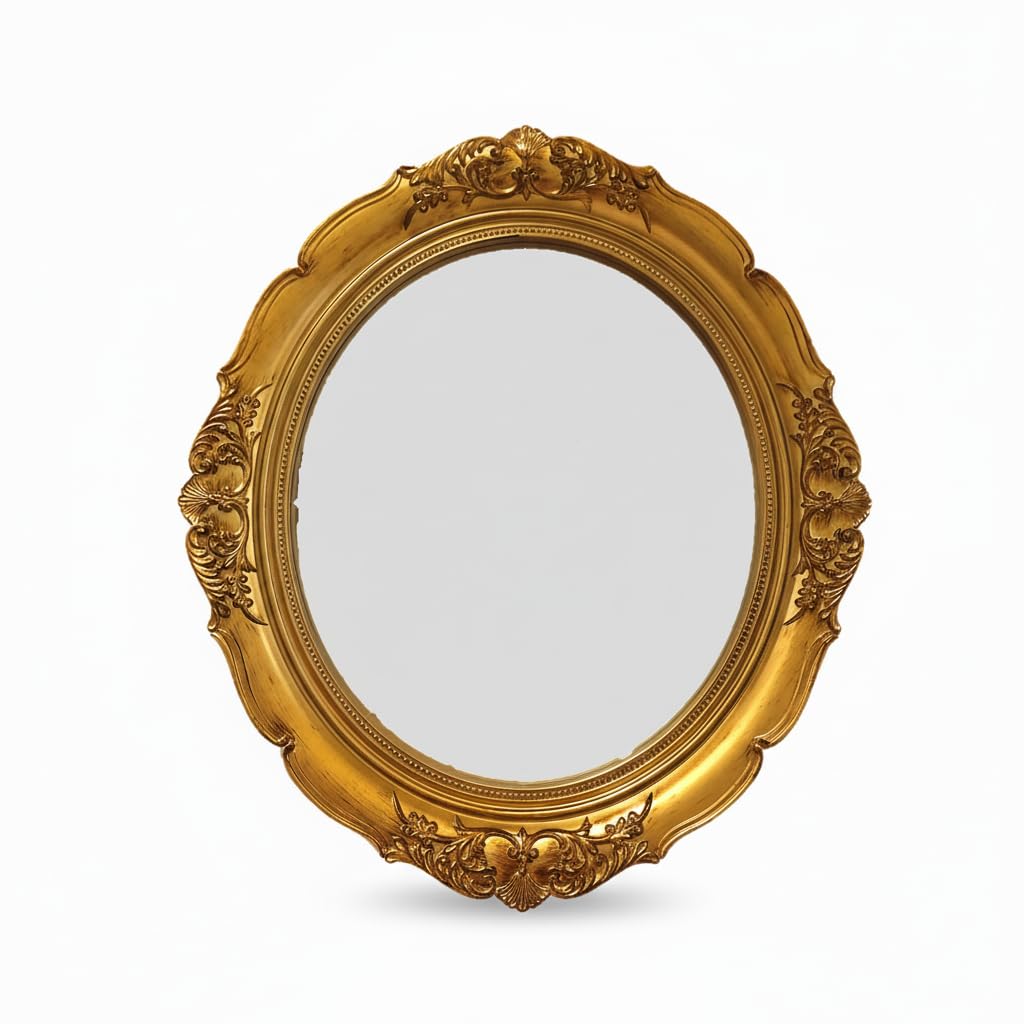 Photo 1 of ***BROKEN USED FOR PARTS!!!!FINAL SALE!!!Schonee Vintage Carved Decorative Wall Mirror, 15”x 13.4” Hanging Mirror for Dresser Decor Bedroom Living-Room, Cosmetics Jewelry Dresser Organizer Tray (Golden-Oval)