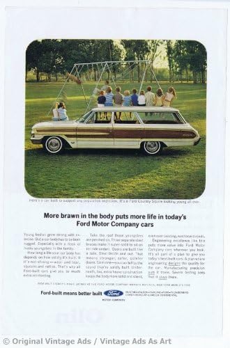 1964 Ford Country Squire Station Wagon Cream with Wood trim at the park Vintage Ad