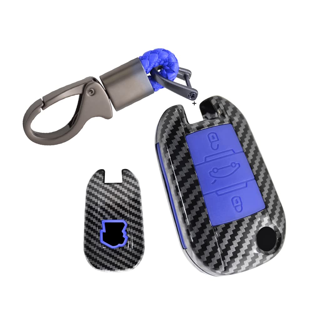 HIBEYO Car Key Case Fits Peugeot Key Case Cover for Peugeot 208-3008-308-5008-508 for Citroen DS3-DS4-DS5-C4 Flip Key Carbon Design with Silicone Protection Carbon Fibre Blue