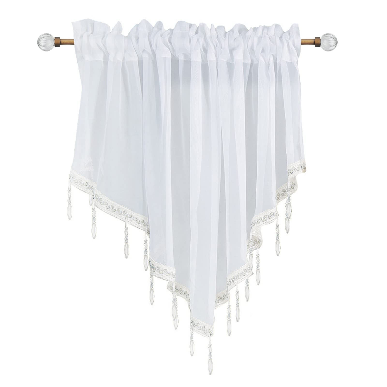 Yitexin Beaded Sheer Windows Valance 130 cm W x 60 cm L, Scalloped Kitchen Curtain, Bathroom Swag Sheer with Rod Pocket, Short Valance Drape for Bedroom Living Room (White)