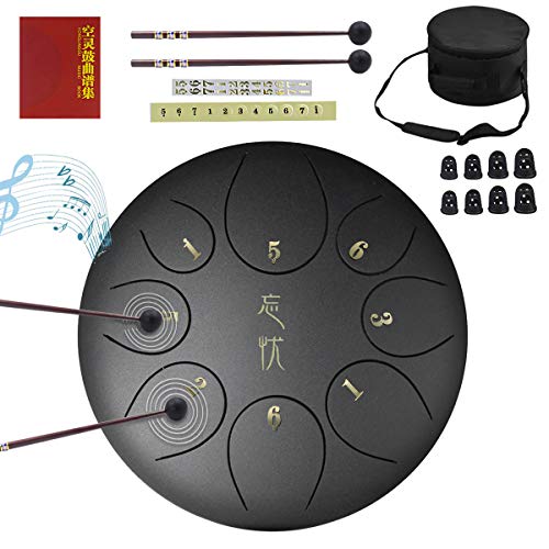 ZHRUNS Steel Tongue Drum, Percussion Instrument Tank Drum or Hand Drum with Carring Bag and Mallets, Music Book, Finger Picks (8 Note, black) - Thumbnail 7