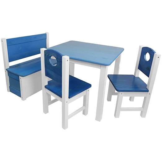 Kinder-Sitzgruppe - Kinderzimmer Set: 1 Tisch, 2 Stühle und Truhenbank - Top Möbel-Qualität aus Kiefer Massivholz - Kindertisch Kinderstühle Kindertruhe für Jungen und Mädchen, Farbe:Blau