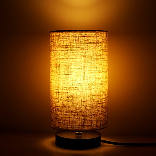Minerva Wood Table Lamp - Solid Fabric Shade Bedside Desk Lamps for Bedroom, Living Room, Study (Cylinder)