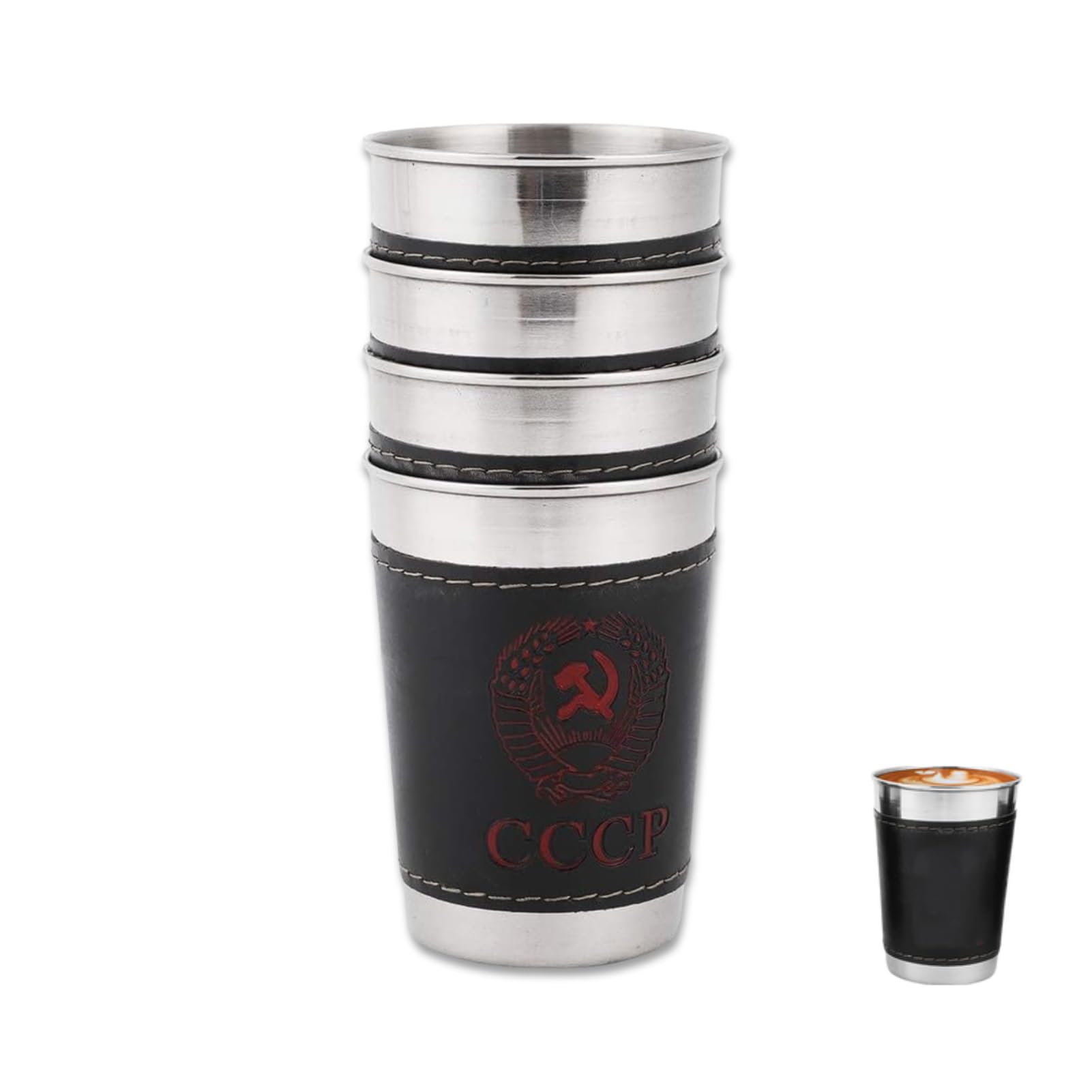 Cyrank 4PCS Stainless Steel Wine Tumbler, Stemless Wine Glass Metal Cups Travel Stainless Steel Tumbler with PU Leather Pouch Travel Wine Glass Portable Reusable Camping Drinking Glasses for Outdoor