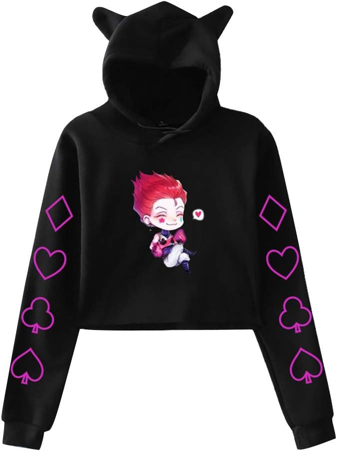 New Women's Hunter X Hunter Crop Top Hoodie Anime Manga Killua Hisoka Gon Cosplay Cropped Cat Ear Hoodie Sweatshirt