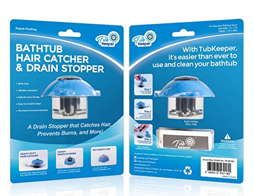 TubKeeper 3-in-1 Hair Catcher Drain Stopper Hot Safety Drain Cover for Bathtub, Blue