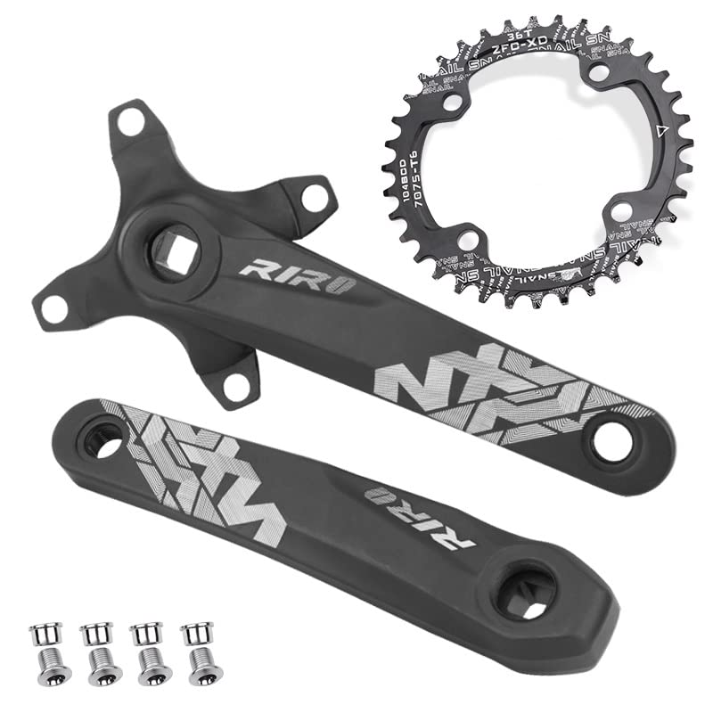 splumzer Mountain Bike 170mm Square Crankset with 104 BCD 32/34/36/38T Chainring, Aluminum Alloy MTB Crank Narrow Wide CNC Round Chainring Bolts (36T)