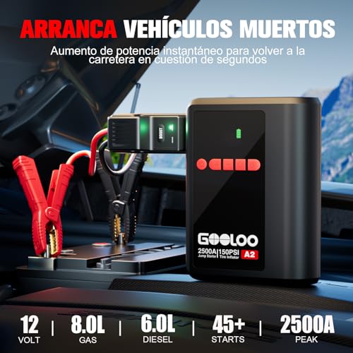 GOOLOO Arrancador de batería A2 8 en 1 con compresor de Aire, 2500 A (hasta 8 L de Gasolina/6 L de diésel), inflador de neumáticos inalámbrico de 150 PSI con Apagado automático