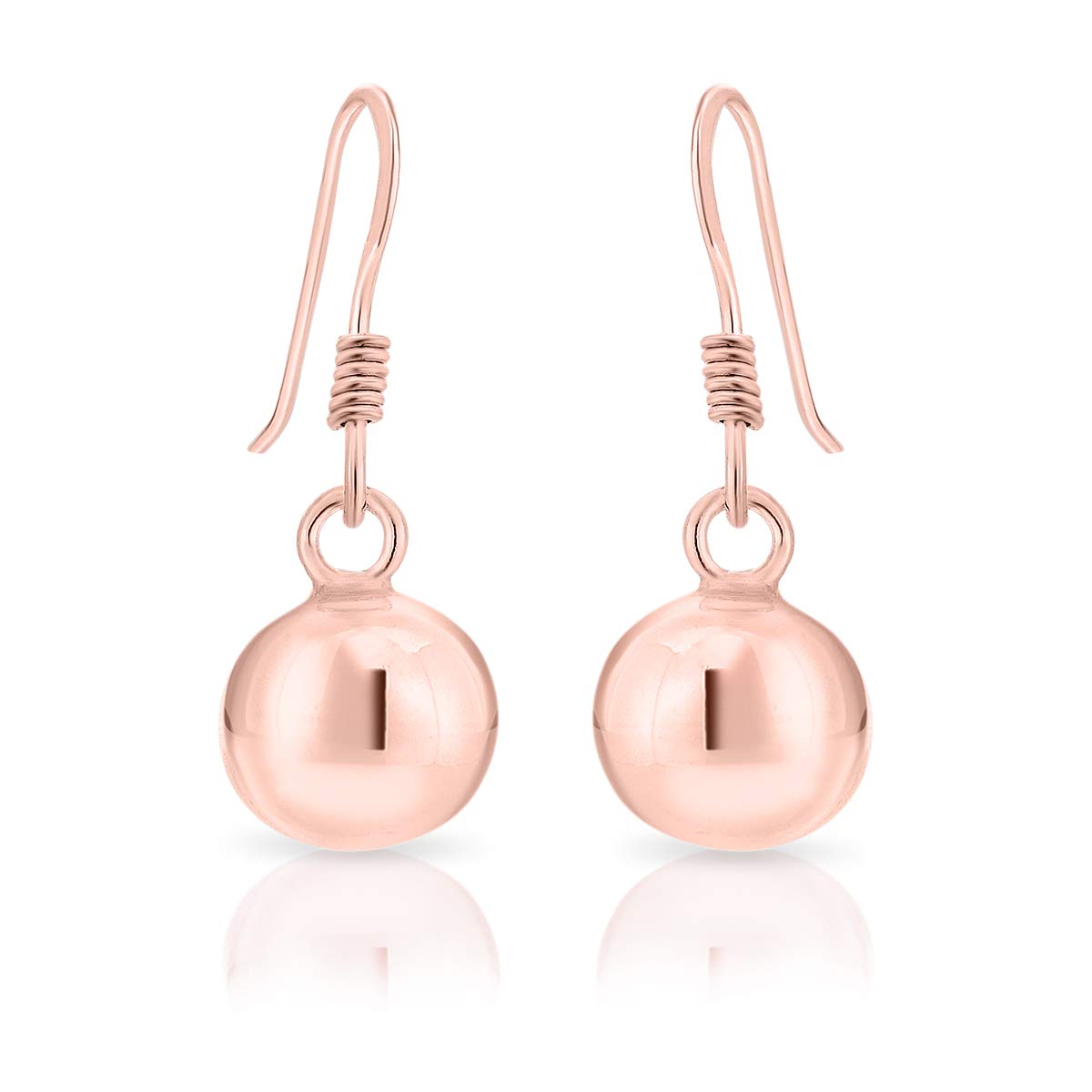 DTPSilver - 925 Sterling Silver and Rose Gold Plated 18K - Dangle Hook Ball Earrings 8 x 26 mm