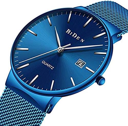 Mens Fashion Minimalist Wrist Watch Analogue Quartz Waterproof Deep Date with Blue Mesh Band (Blue)