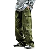 THWEI Mens Cargo Pants Drawstring Elastic Waist Casual Baggy Pant Streetwear Multi Pockets
