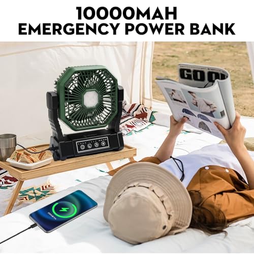 Multper Camping Fan with LED Light, Rechargeable for Outdoor Camping Tent with Hook and Remote, Powerful 4 Speed USB Desk Fan for Fishing, Power Outage, Picnic
