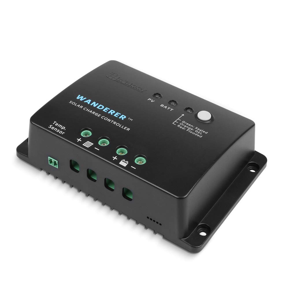 Renogy Wanderer Regulador de carga solar de tierra negativa PWM avanzado de 30 amperios y 12 V Regulador de batería compatible con baterías selladas, de gel e inundadas y sensor de temperatura Wanderer