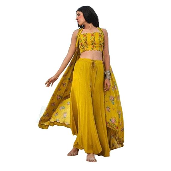 Women's Rayon Crop Top With Palazzo And Shrug Embroidered (XLarge