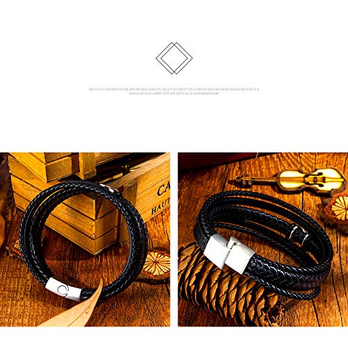 GAGAFEEL Leather Classic Braided Rope Bracelet Custom Engraved Message Stainless Steel Bangle Unisex Gift (Black-Engrave 2 Side-Length 19.5cm)