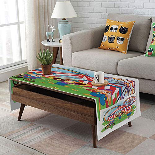 Linen Blend Tablecloth,Side pocket design,Rectangular Coffee Table Pad,Circus Decor,Fun Circus Scene with Clowns on Grass Rainbow Ferris Wheel Happy Bubbles Childhood Theme,Green Red,for Home Decor