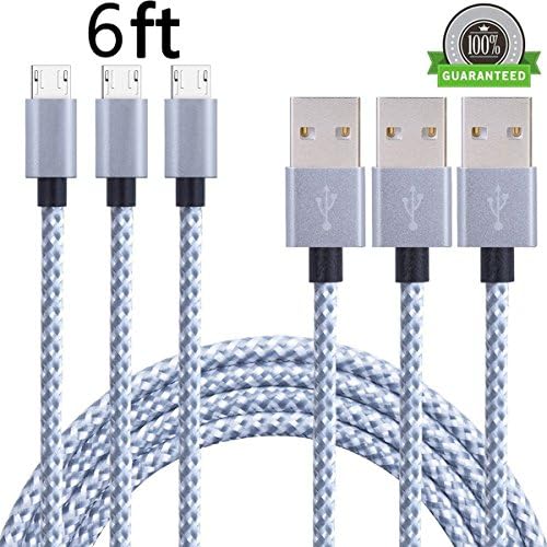 AOSOK Micro USB Cable [3pcs 6ft] Braided Fast Charger Cordsfor Samsung USB Cables/Android Cables - Micro USB Charging Cables for Galaxy S7/S6/S5,Note 5/4/3,HTC,LG,Nexus Sony (3X6ft Silver)