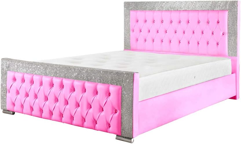 OWO Living New Valencia Crushed Velvet Fabric & Faux Leather Glitter Bed Frame in 4 Sizes Exclusive (Double, Hot Pink Crushed Velvet)
