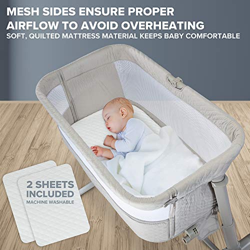 Lil' Jumbl Baby Bedside Bassinet | Standalone Crib & Co Sleeper Combo for Infants 0-6 Months | Adjustable Height, Mattress, 2 Sheets, Net Canopy & Music Box Mobile with Toys | Attaches to Bed or Sofa - Thumbnail 4
