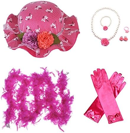 GILAND Girls Tea Party Beauty Set Dress Up Play Sunhat, Feather Boa, Gloves and Jewelry - Rose Red