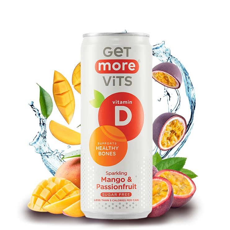 Get More Vits - Vitamin D Sparkling Mango & Passionfruit Spring Water (12 x 330ml), Support Healthy Bones, Teeth & Muscles, Boost Immune System, Sugar Free, Low Calorie, Natural Flavours, Vegetarian