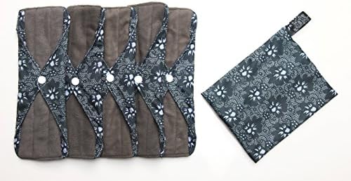 Reusable Cloth Menstrual Pads (5 Packs + Bag) with Carbon Absorbent Layer, Washable Sanitary Napkin, Overnight Panties（Blue Lace） (Medium)