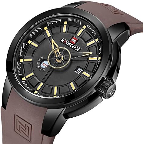 Brown Silicone Strap Date Men Quartz Sport Watch Calendar Yellow Mens Watches