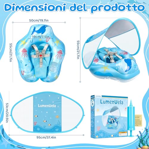 IEEILULU Salvagente Neonato, Ciambella Neonato Mare con Parasole Olare Rimovibile UPF50+, Salvagente Bambino con Adesivo di Riparazione per Piscina, Spiaggia, Vacanze da 6 a 36 Mesi