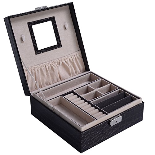 PROSPERLY U.S.Product Jewelry Box Storage Organizer Case Ring Earring Necklace Mirror PU Coffee New