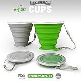 Stellar Collapsible Camping Cups w Lid | 270ml/9.12fl Oz | BPA Free, Food-Grade Silicone | Pack of 2 (Grey & Green) Foldable Cups | Travel Mug for Camping Hiking Travel