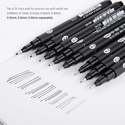 Sipa 8Piece Ultra Fine Black Ink Pen Set, Fine Line Drawing Pen for