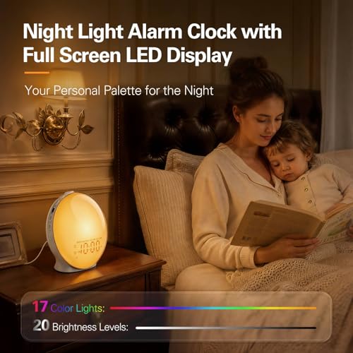 Wake Up Light Sunrise Alarm Clock for Kids, Heavy Sleepers, Bedroom, with Sunrise Simulation, Sleep Aid, Dual Alarms, FM Radio, Snooze, Nightlight, Daylight, 7 Colors, 7 Natural Sounds, Ideal for Gift