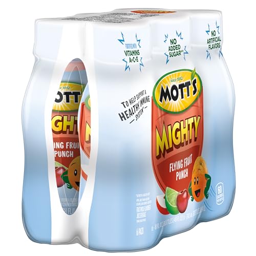 MOTT’S MIGHTY FLYING FRUIT PUNCH JUICE DRINK, 8 FL OZ BOTTLES, 24 COUNT (4 PACKS OF 6), 100% FRUIT JUICE WITH PURIFIED WATER, VITAMINS A, C AND E, NO ARTIFICIAL FLAVORS, COLORS OR SWEETENERS