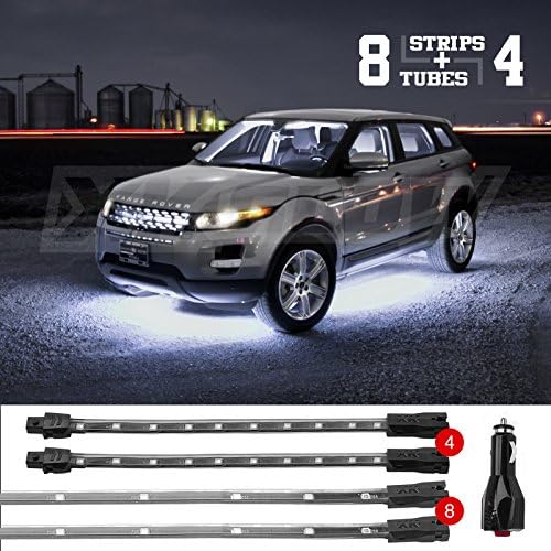 WHITE 8pc Tubes 4pc Flex Strips Underbody + Interior Neon Accent Light Kit Car Truck Waterproof Plug & Play All Accessories Included
