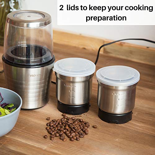 Multipurpose Electric Coffee Bean Grinder with 2 Removable Cups - Premium Stainless Steel Mill Grinding Tool for Seeds, Spice, Herbs, Nuts & Other Dry and Wet Ingredients | 200W Fast Grind in Seconds