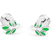 Green Leaves Small Stud Earrings for Women Flat Screw Back Cartilage Tragus Piercing Hypoallergenic Sleeper Tiny Mini Studs for Birthday