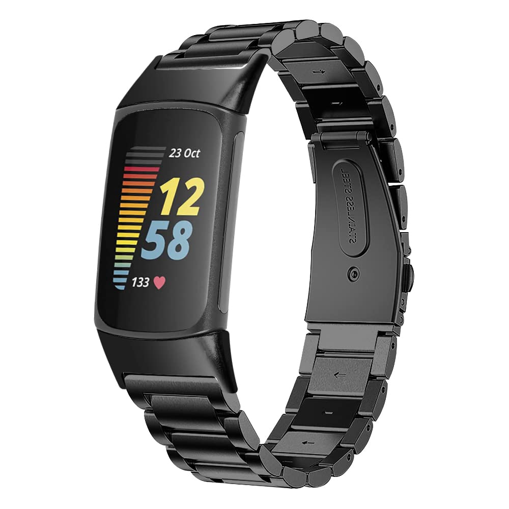 AISPORTS Compatible with Fitbit Charge 6/Charge 5 Strap Stainless Steel for Women Men, Solid Adjustable Stainless Steel Sport Wristband Metal Bracelet Replacement Strap for Fitbit Charge 6/Charge 5
