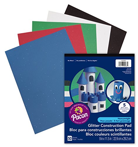 Pacon Glitter Construction Paper Pad, 5 Assorted Colors, 9" x 11-1/2, 50 Sheets