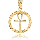 10k Yellow Gold Roped Circle Egyptian Ankh Cross with Diamond Pendant