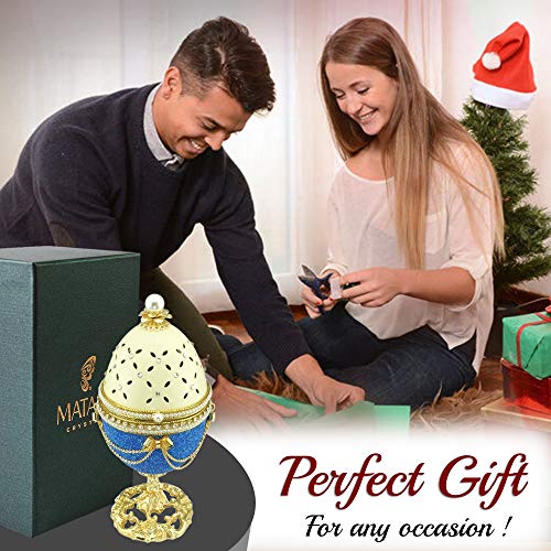 Matashi Blue-Ivory Eggshell Trinket Music Box "Fur Elise" with Crystals and Pearls Faberge Egg Table Top Ornament Decorative Gold Finish Home Decor for Living Room Bedrooms Gift for Christmas Birthday - Thumbnail 6