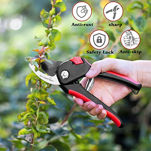 Butterfly Love Garden Pruning Shears, 8" Professional Bypass Hand Pruners with SK-5 Sharp Steel Blade and Safety Lock, Heavy Duty Tree Trimmers Secateurs, Clippers for the Garden
