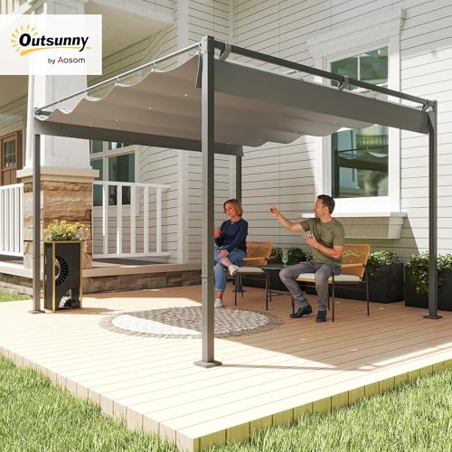 Outsunny 10' x 10' Outdoor Gazebo, Retractable Pergola Canopy with Magnetic Fixture, Free Standing Metal Pergola Kit, UPF30+ Sun Shade Shelter, Grey