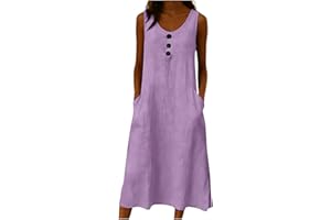 Frostluinai Linen Midi Dresses for Women Summer Solid Boho Beach Dress Crew Neck Sleeveless Sundresses with Pockets