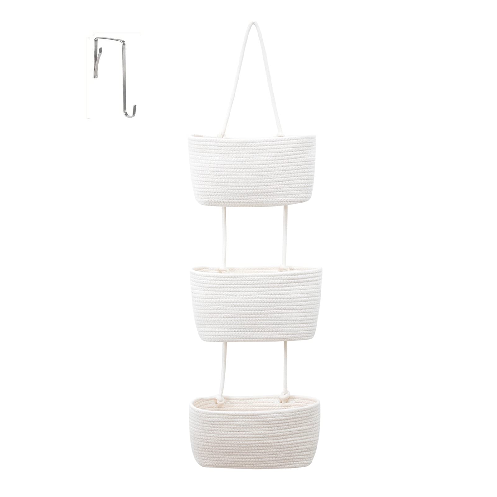maxant 3-Tier Over the Door Hanging Basket, Wall Mount Storage Organiser Bag, Cotton Rope Woven Solution with Hook, Decorative Baskets for Bedroom, Living Room, Bathroom, Nursery (A) (UD0335)