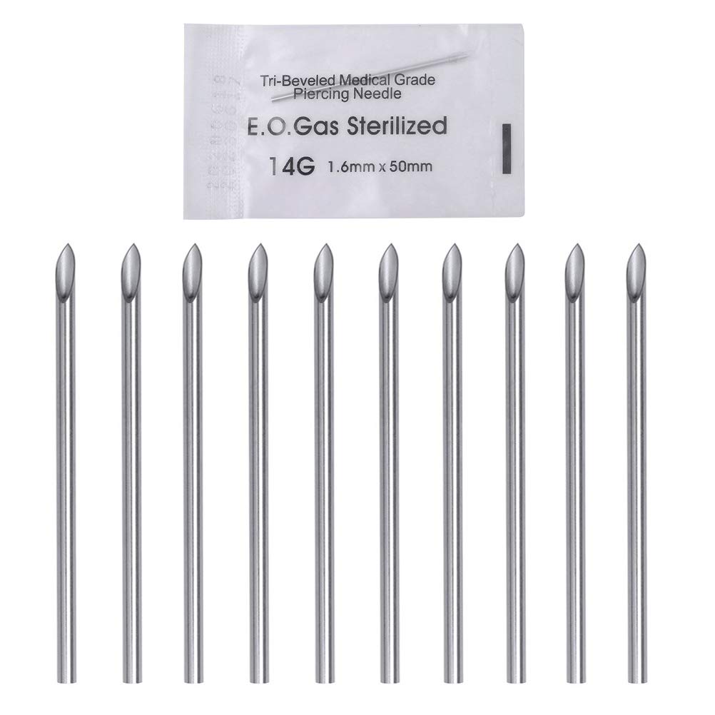 kuou 10 Pieces, 14G Sterilized Disposable Body Piercing Needles Tattoo Accessory Needles for Ear Nose Tattoo Supplies Piercing Kit