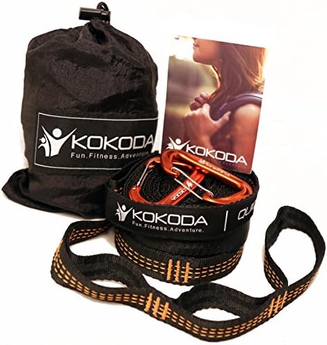 Hammock Straps + 2 free premium carabiners with carry bag; 9 feet long (18 feet total), 16 loops (32 total); extra strong triple stitching, non stretch fabric, lightweight suspension system