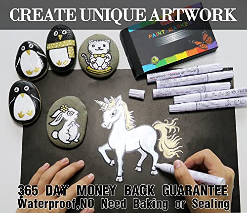 White Paint Pen Metallic Permanent Painting Markers for Fabric Glass Plastic Rock Wood Ceramic Leather Tire Painting,Medium Tip Fast Drying, Water Resistant Ink(6 Pack)