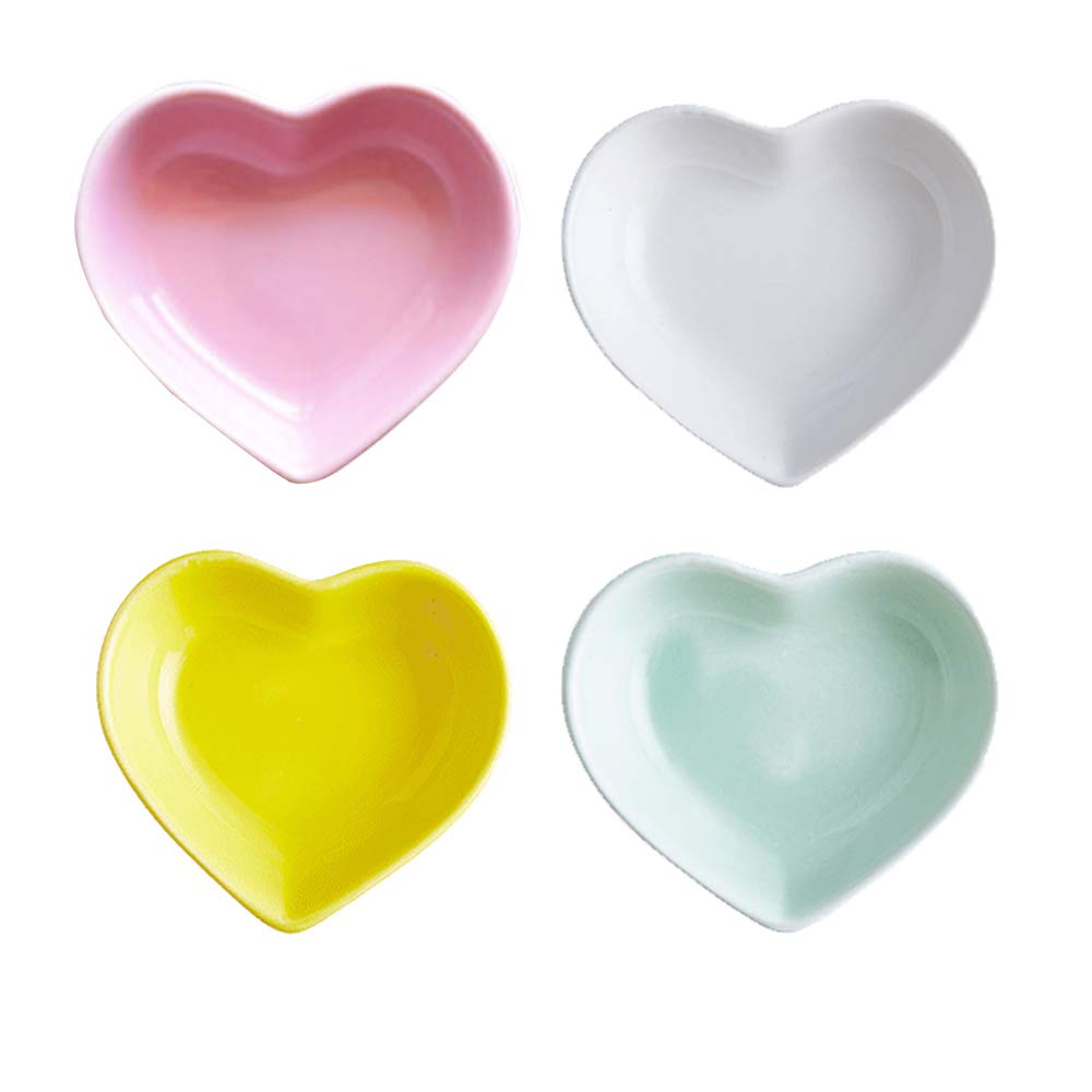 Binoster Super Cute Heart Sharpe Ceramic Sauce Dish,Mini Side Seasoning Dish,Condiment Dishes/Sushi Soy Dipping Bowl,Snack Serving Dishes,Love Porcelain Small Saucer Set(Set of 4) (4 Color)